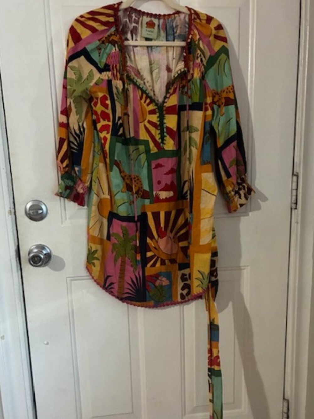 FARM Rio Tropical Jungle Vibrant College Linen Blend Tunis Dress w Belt